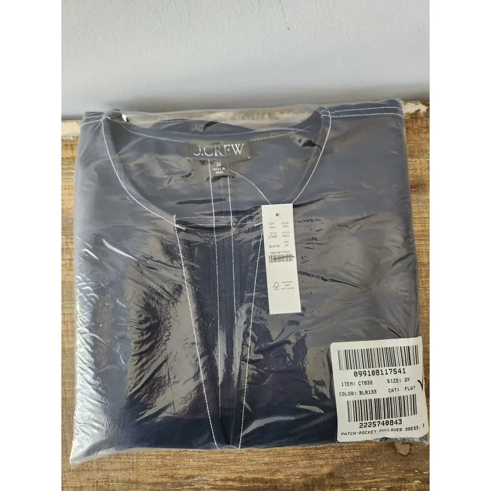 NWT J. Crew Patch-Pocket Pullover Dress In Structured Cotton Poplin Navy 2X